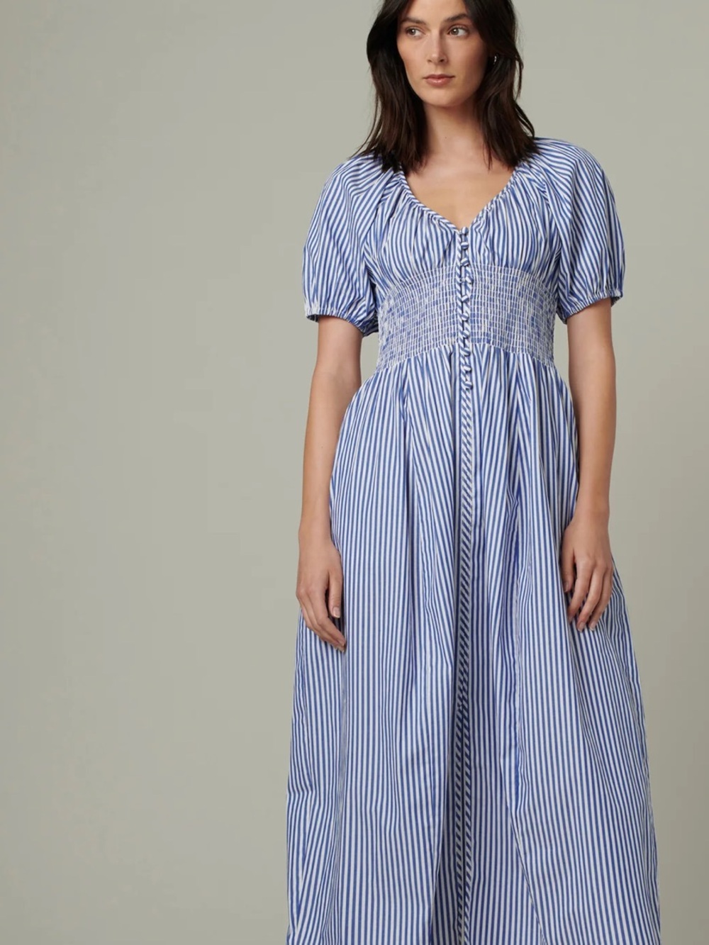 Joe's Jeans Monet Blue and White Striped Puff-Sleeve Midi Dress